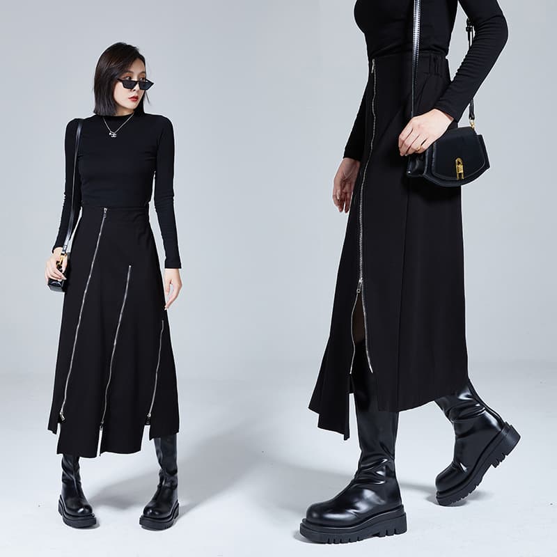 黒 スカート ファスナーデザイン スリットミディスカート