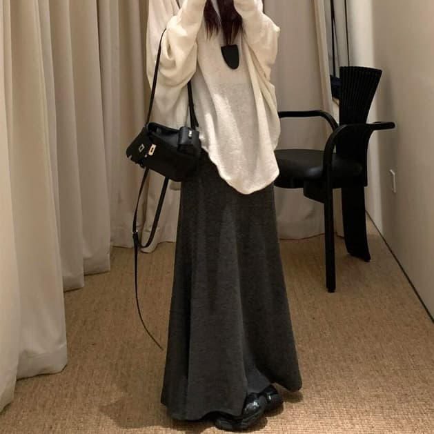黒 スカート エレガントワイド ロングフレアスカート