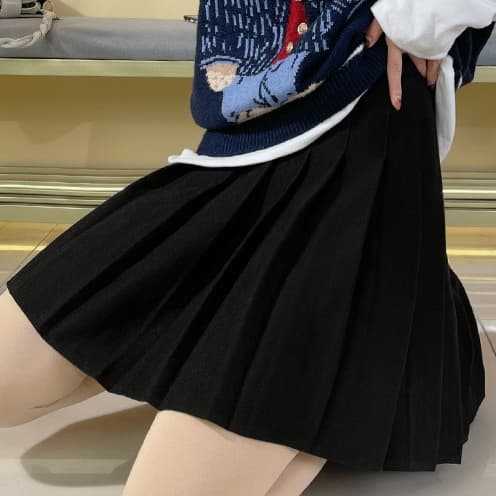 黒 スカート シンプル プリーツスカート 制服風