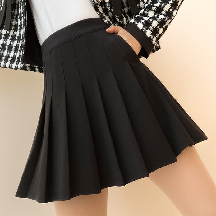 黒 スカート シンプル プリーツスカート 制服風