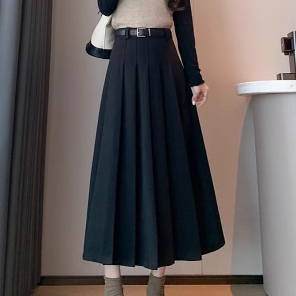 黒 スカート ベーシックプリーツロングスカート
