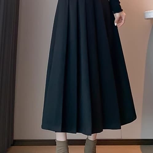 黒 スカート ベーシックプリーツロングスカート