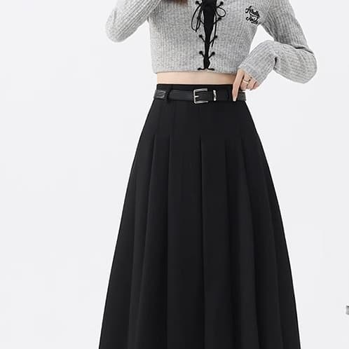 黒 スカート ベーシックプリーツロングスカート