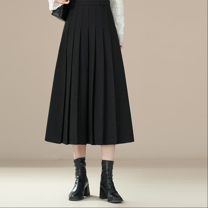 黒 スカート しなやかプリーツロングスカート