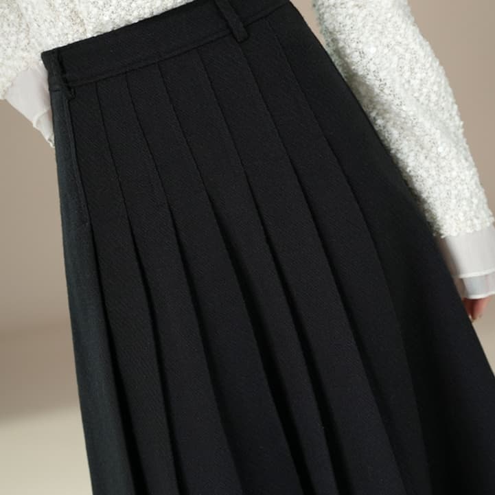 黒 スカート しなやかプリーツロングスカート