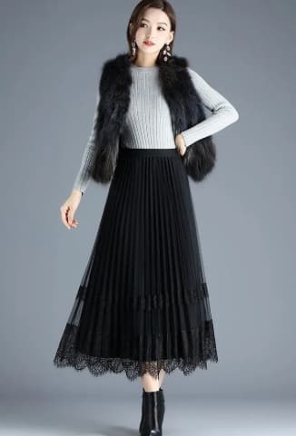 黒 スカート レース切替プリーツフレアロングスカート