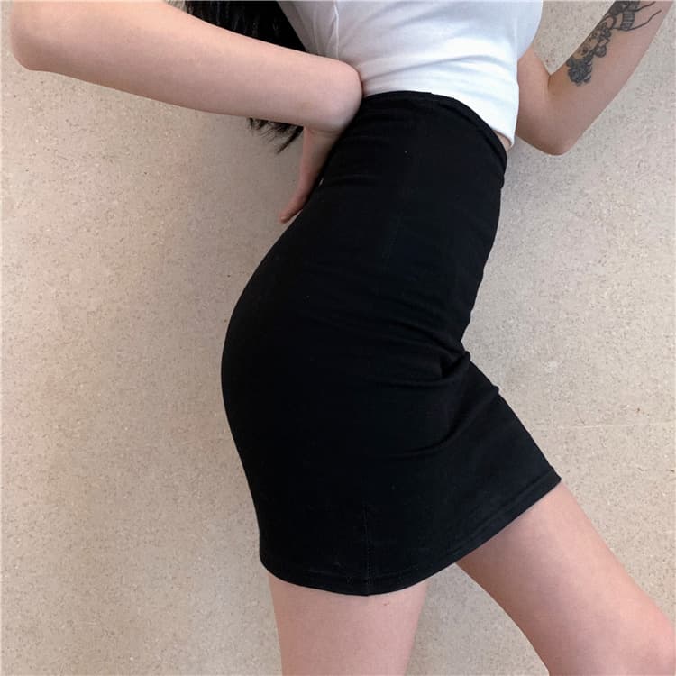 黒 スカート シンプルラインストレッチミニスカート
