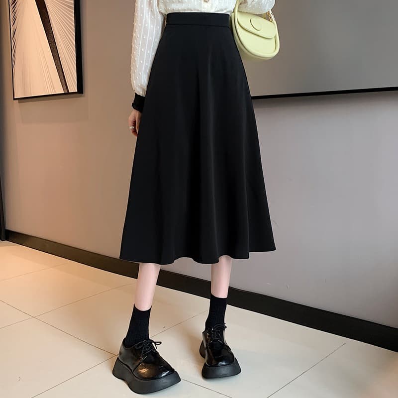 黒 スカート ふんわり美シルエット ミモレ丈スカート