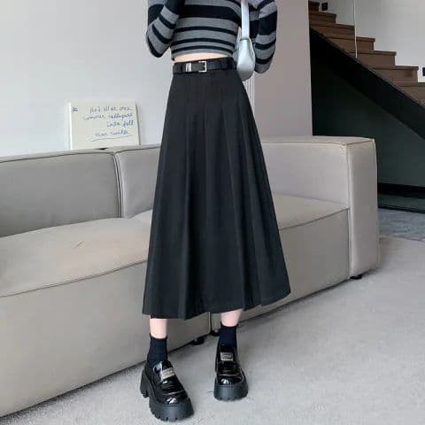 黒 スカート クラシカルプリーツロングスカート