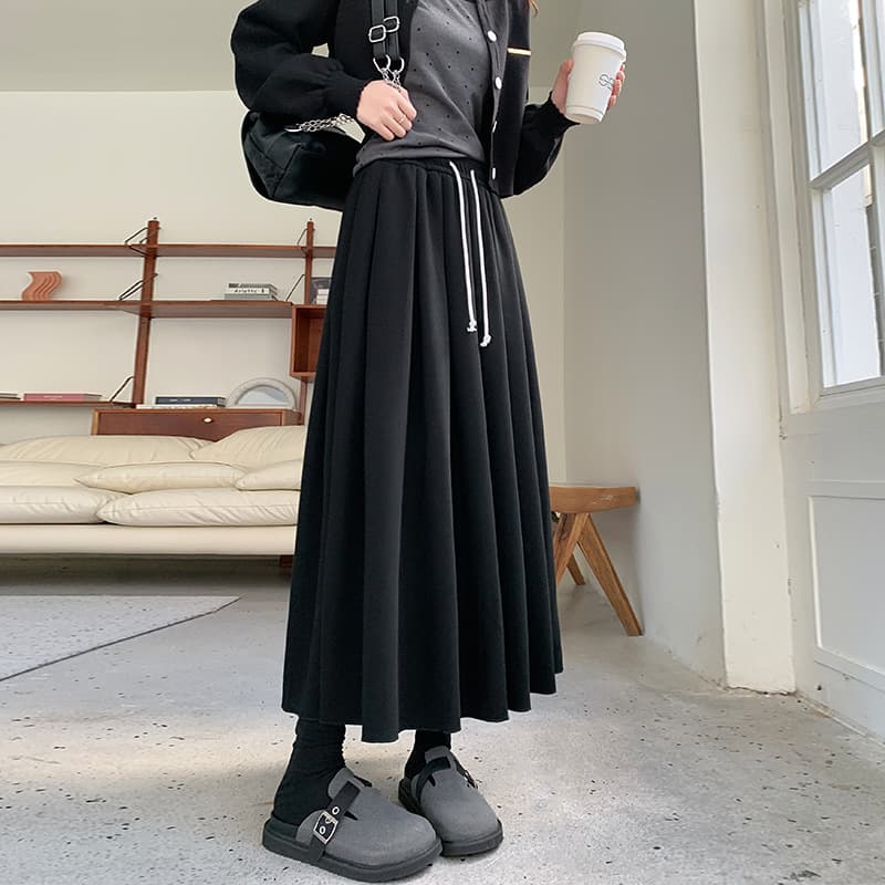 黒 スカート ドレープ ウエストリボン ロングスカート