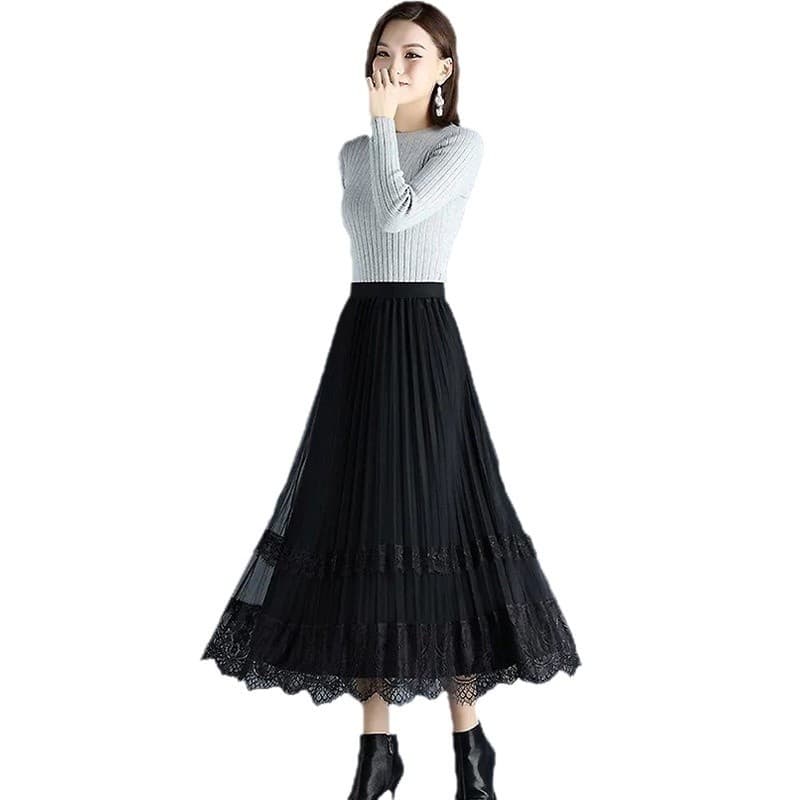 黒 スカート レース切替プリーツフレアロングスカート