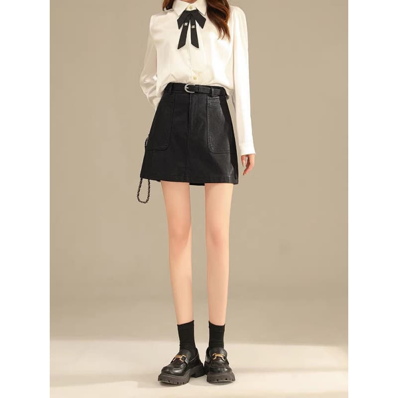 黒 スカート ベルト付きミニフレアスカート