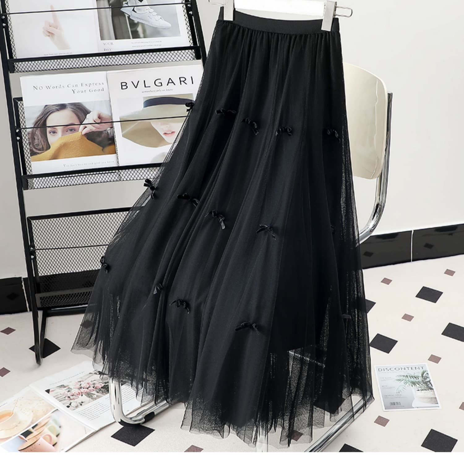黒 スカート ふんわり傘チャーム付きチュールスカート