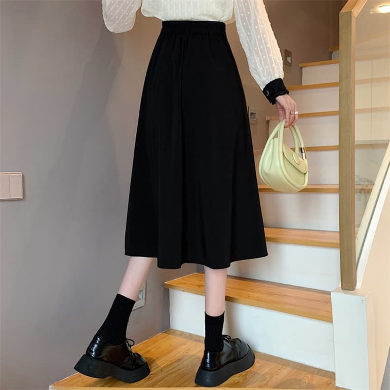 黒 スカート ふんわり美シルエット ミモレ丈スカート