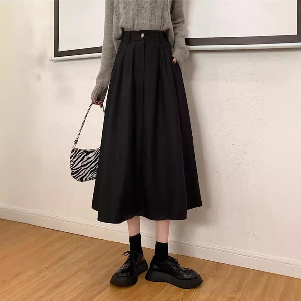 黒 スカート ゆったりプリーツミディスカート