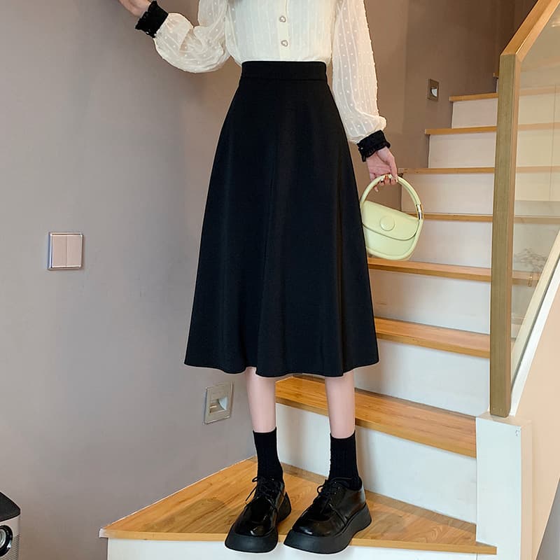 黒 スカート ふんわり美シルエット ミモレ丈スカート