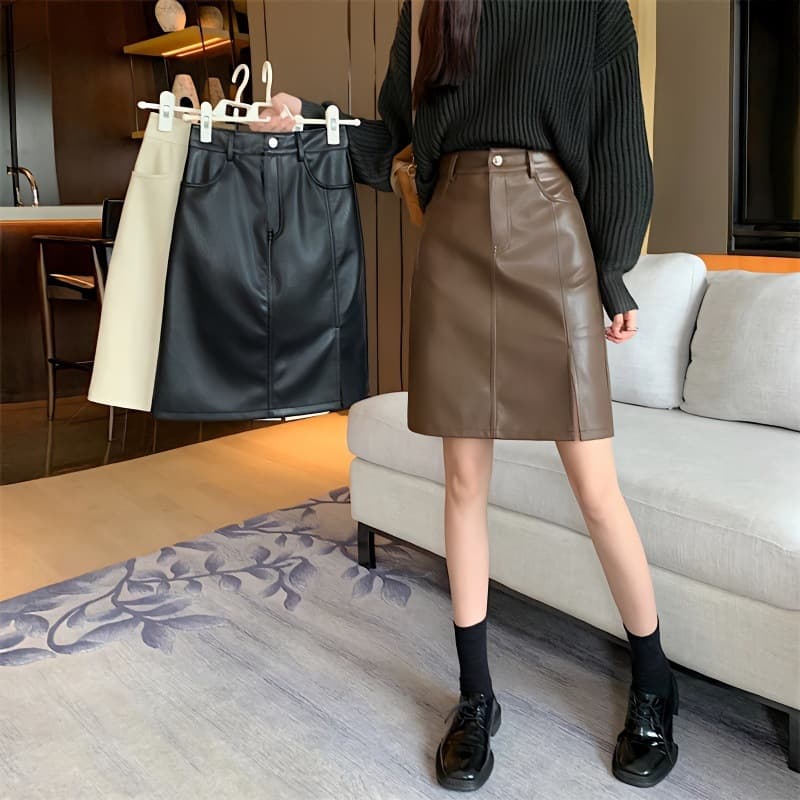 黒 スカート レザー調ミディ丈タイトスカート