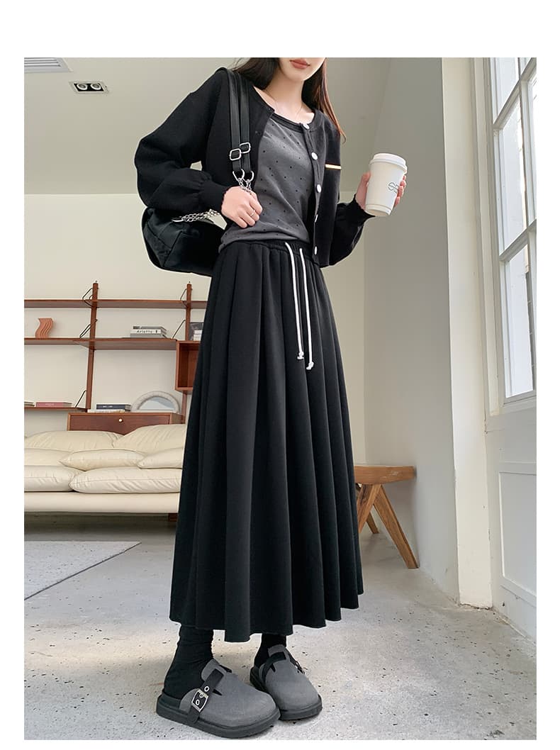 黒 スカート ドレープ ウエストリボン ロングスカート