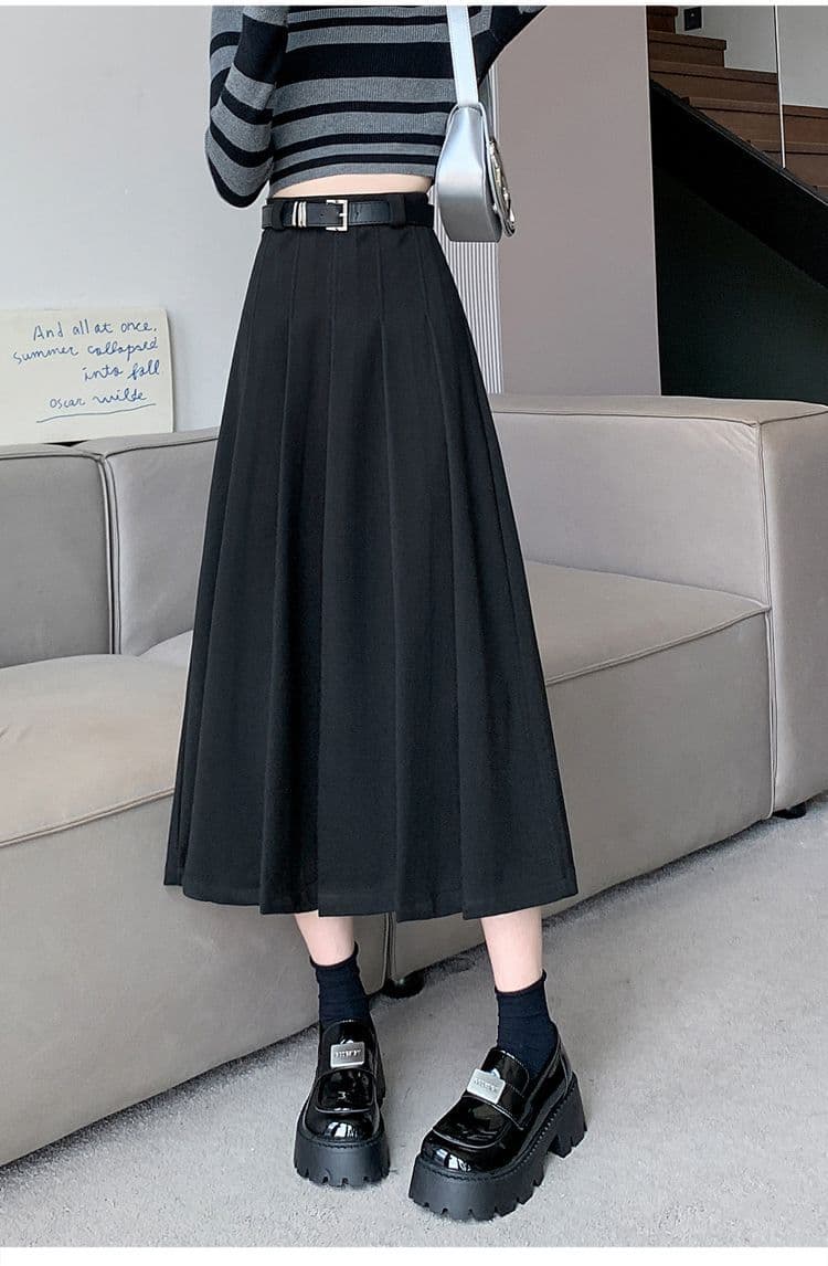 黒 スカート クラシカルプリーツロングスカート