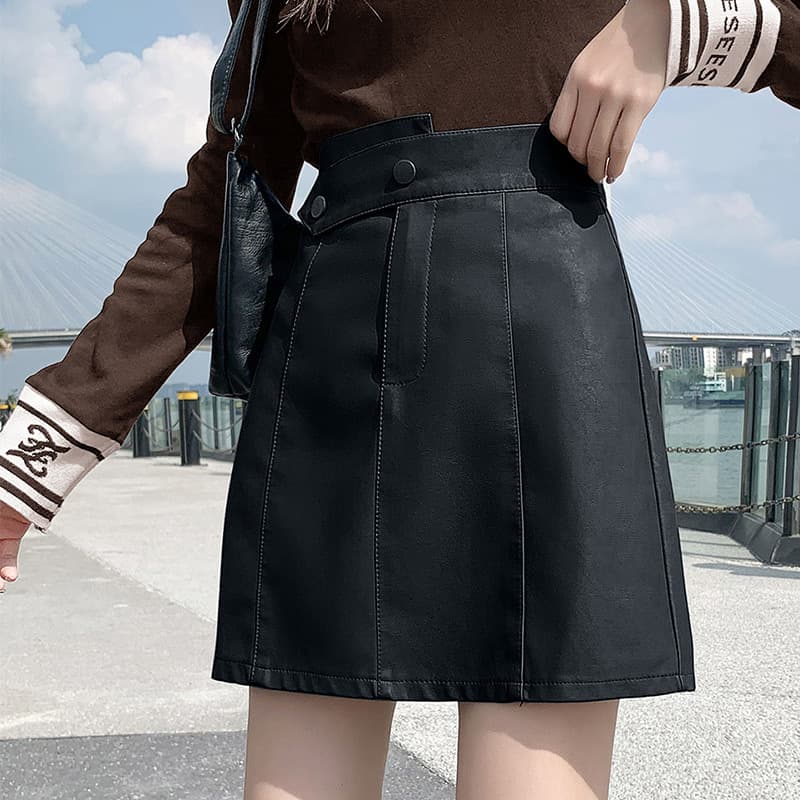 黒 スカート ウエストアクセント レザースカート