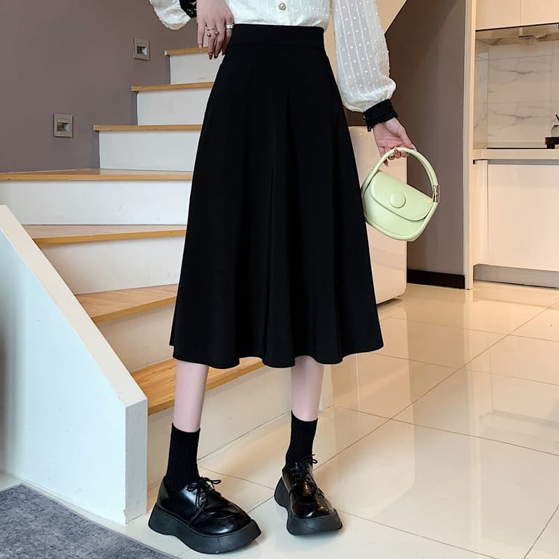 黒 スカート ふんわり美シルエット ミモレ丈スカート