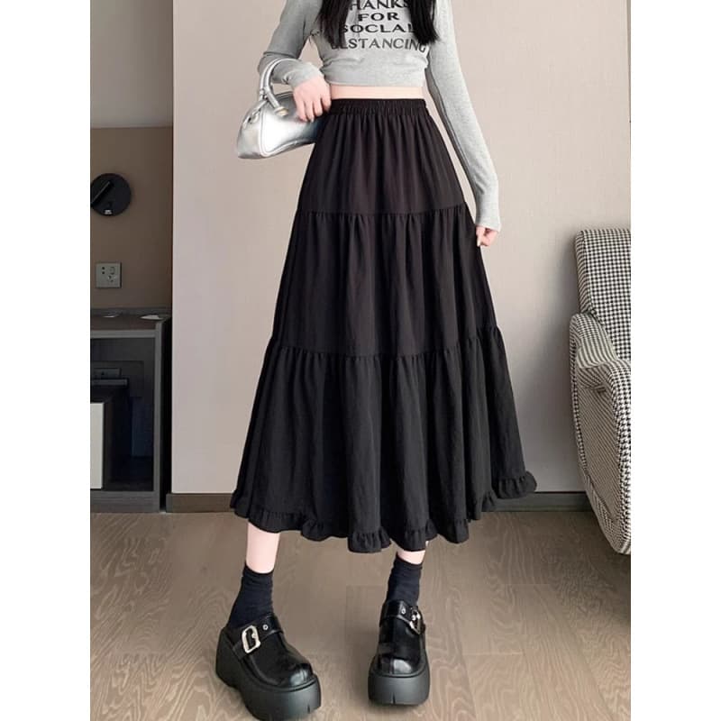 黒 スカート ティアードギャザーフリルスカート
