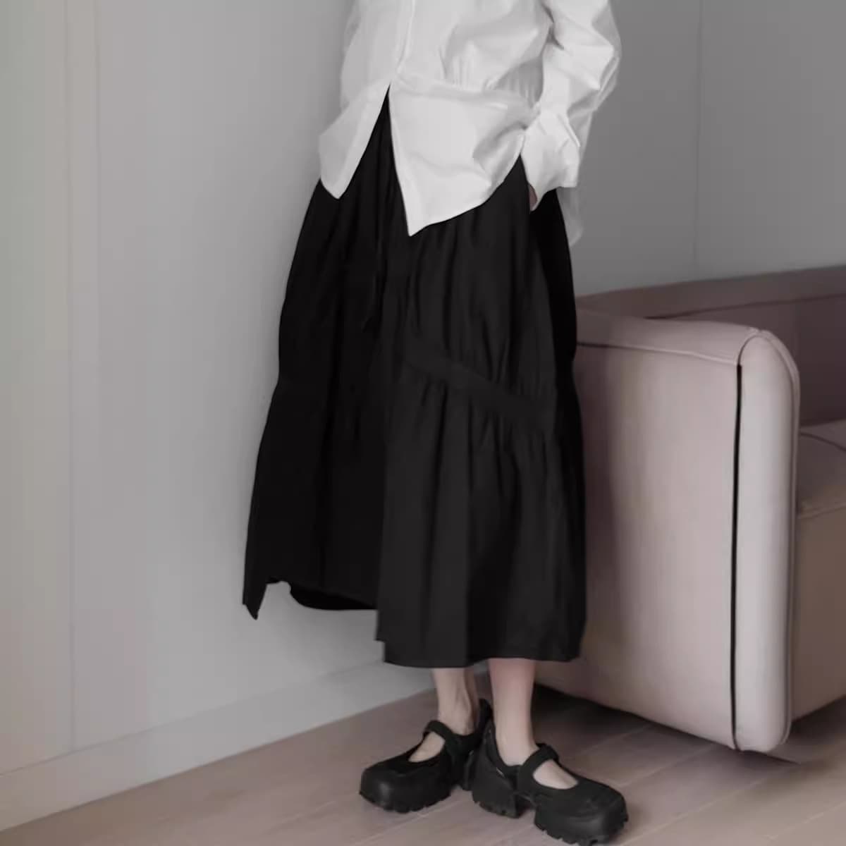 黒 スカート ゆったりギャザーロングスカート