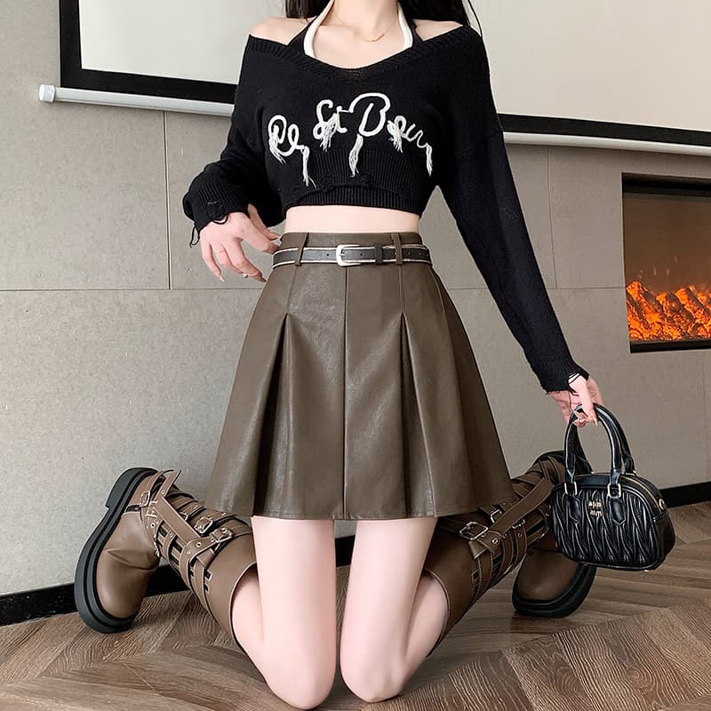 黒 スカート プリーツミニ レザースカート