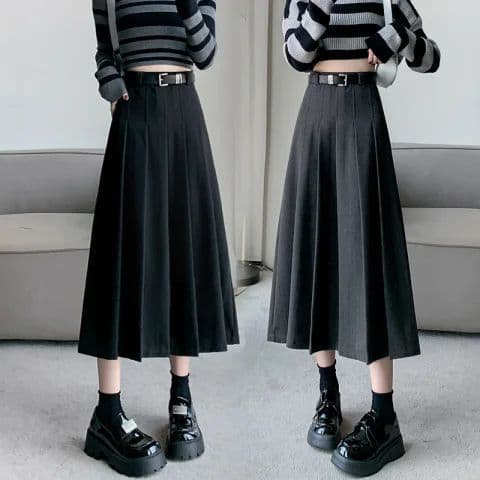 黒 スカート クラシカルプリーツロングスカート