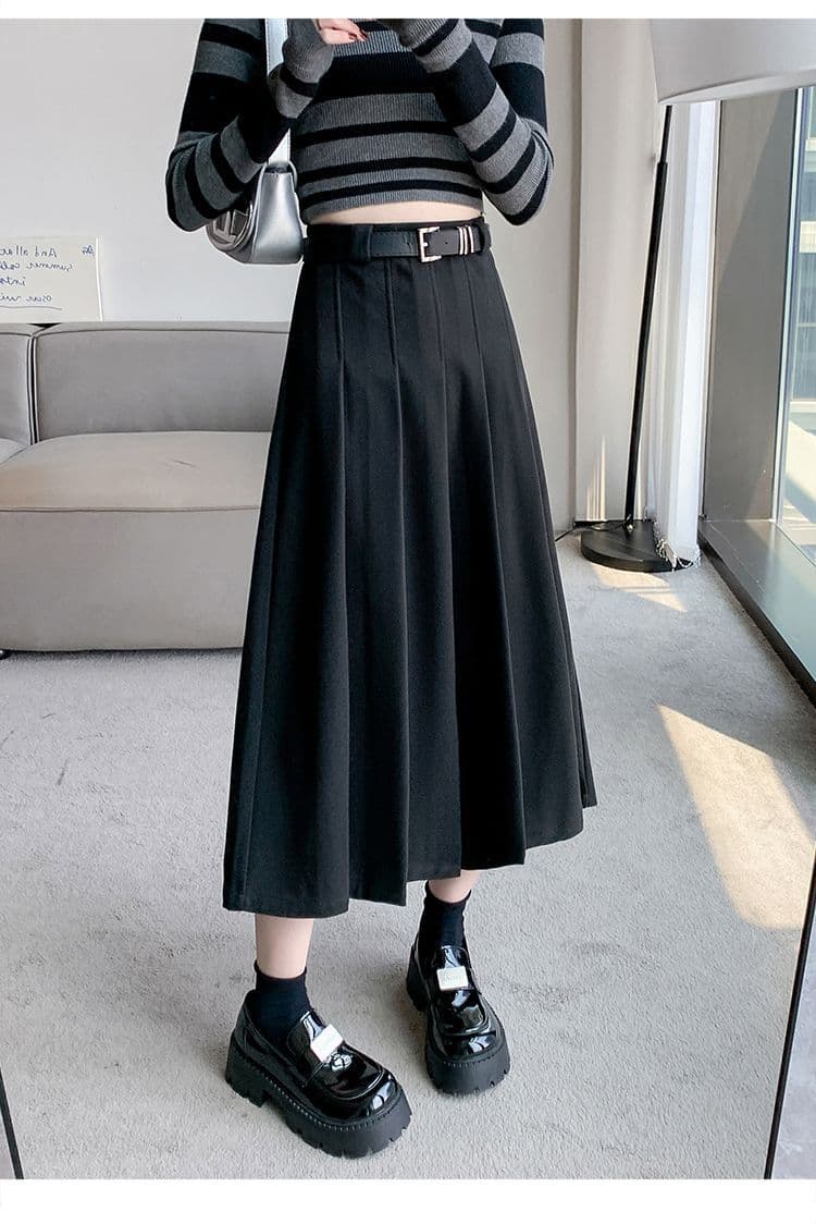 黒 スカート クラシカルプリーツロングスカート