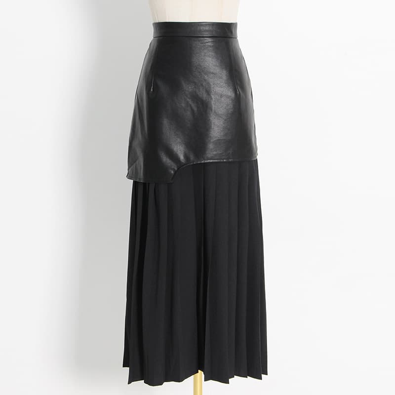 黒 スカート レザーアシンメトリープリーツスカート