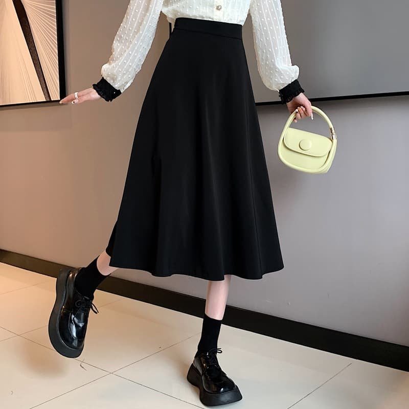 黒 スカート ふんわり美シルエット ミモレ丈スカート