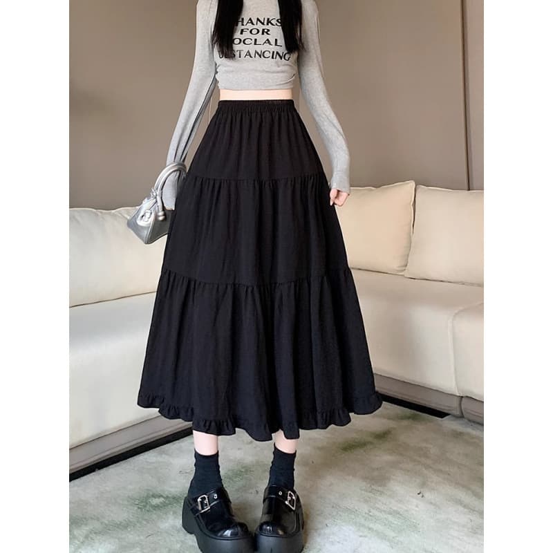 黒 スカート ティアードギャザーフリルスカート