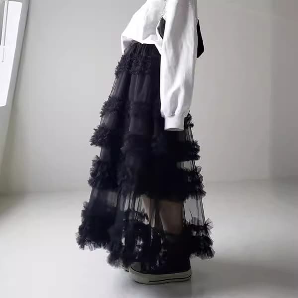 黒 スカート ふんわり重ね ティアードチュールスカート