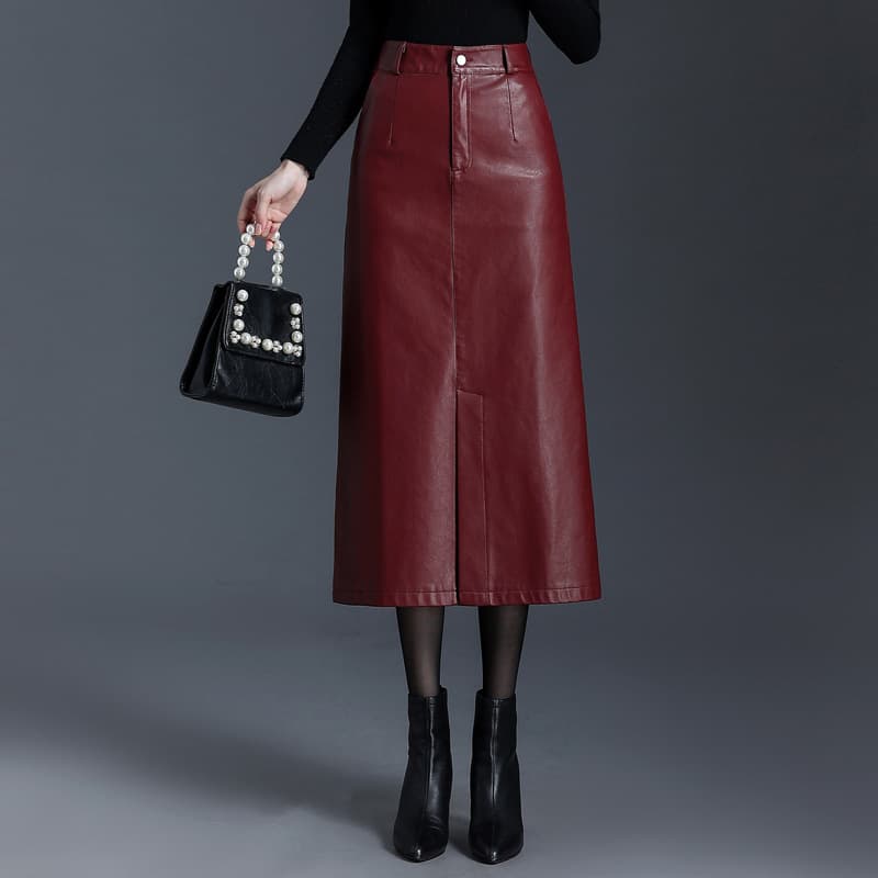 黒 スカート フェイクレザー プリーツ ロングスカート