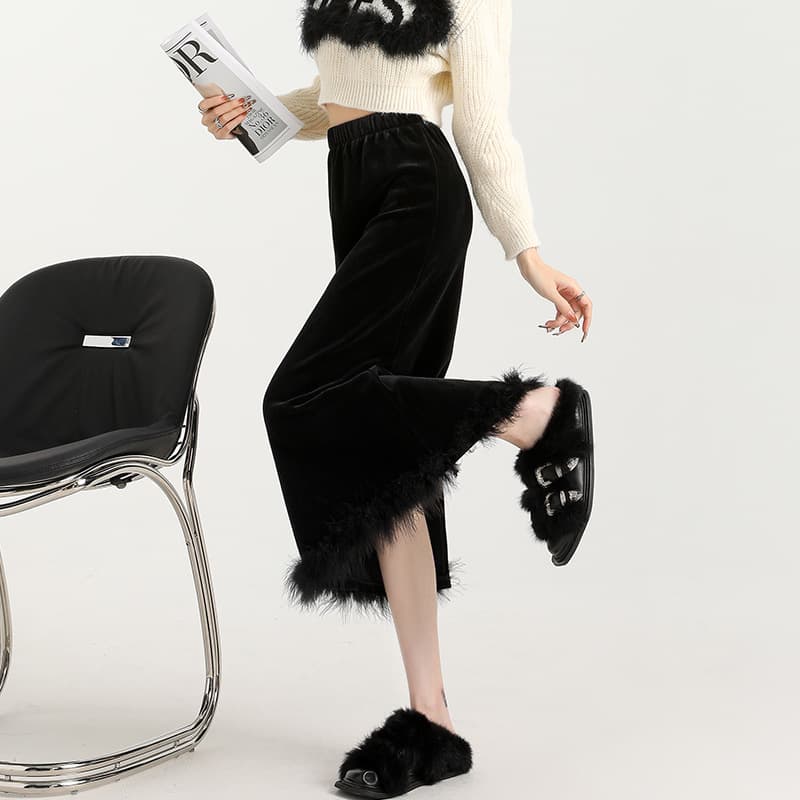 黒 スカート モコモコ ファー ベロア ロングスカート