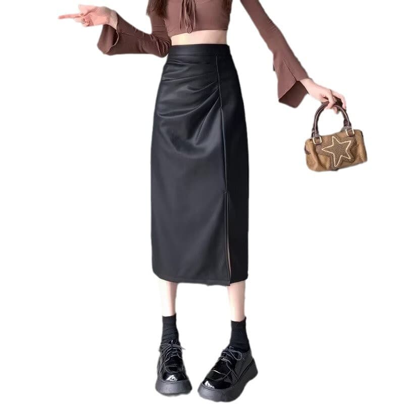 黒 スカート 合皮スリットとろみロングスカート