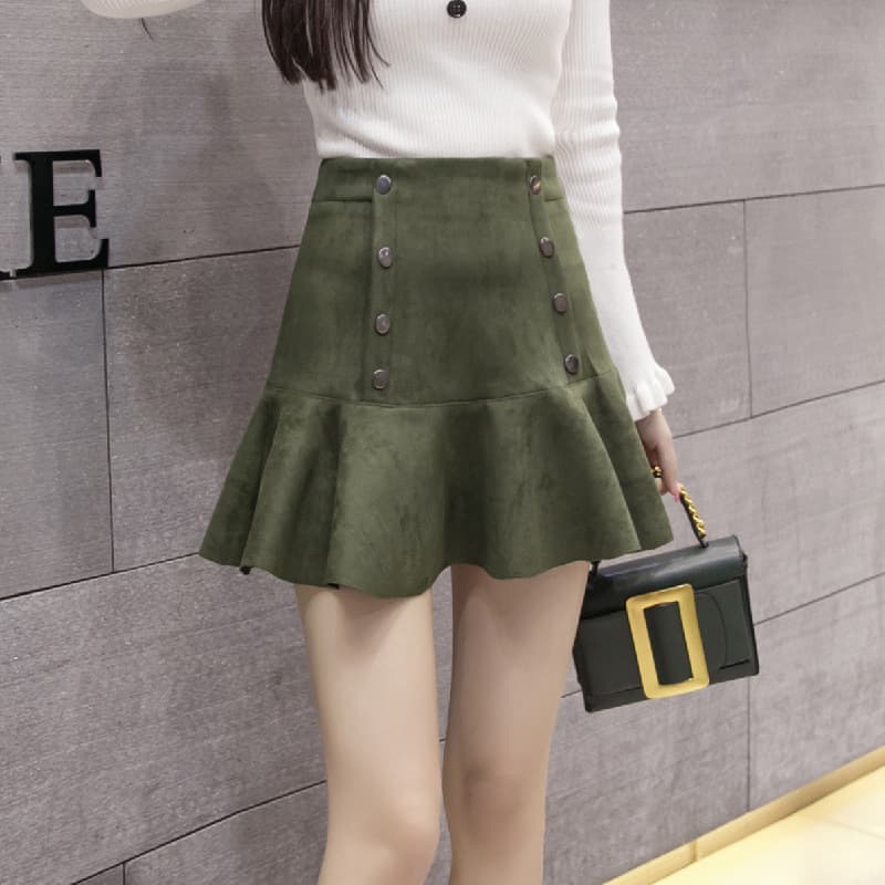 黒 スカート フリル付き二列ボタンミニスカート