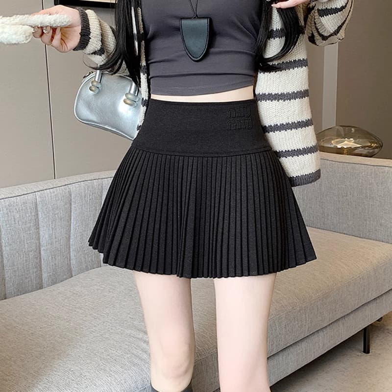 黒 スカート プリーツリブ ミニスカート