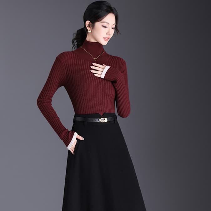 黒 スカート あたたか上品ミディフレアスカート