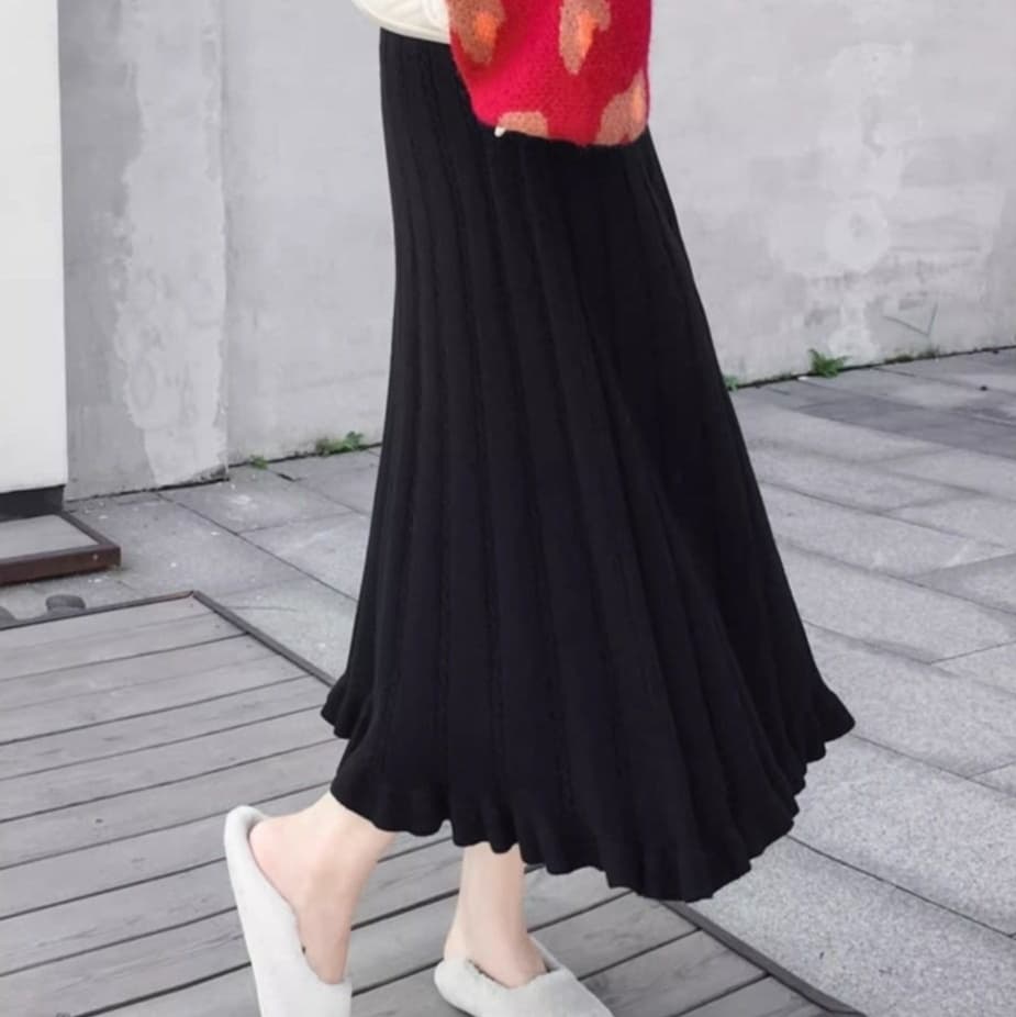黒 スカート ゆったりプリーツ ロングスカート