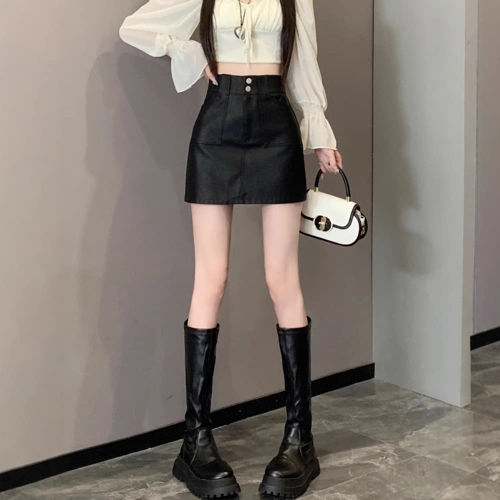黒 スカート ハイウエストダブルボタンミニスカート