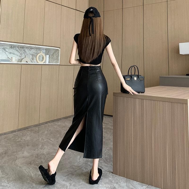 黒 スカート シンプルストレートロングスカート