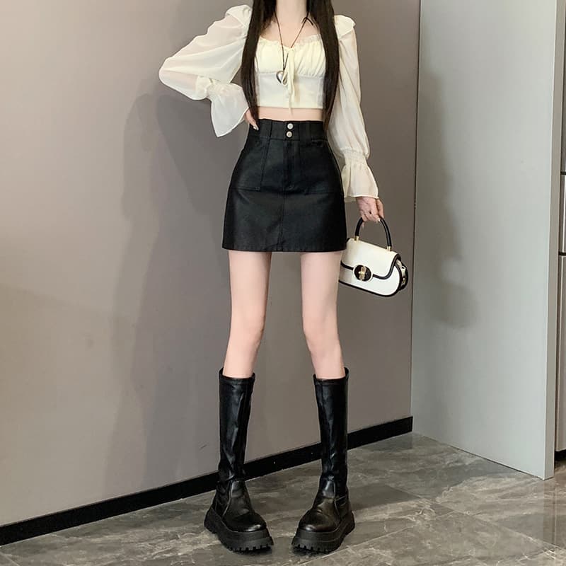 黒 スカート ハイウエストダブルボタンミニスカート