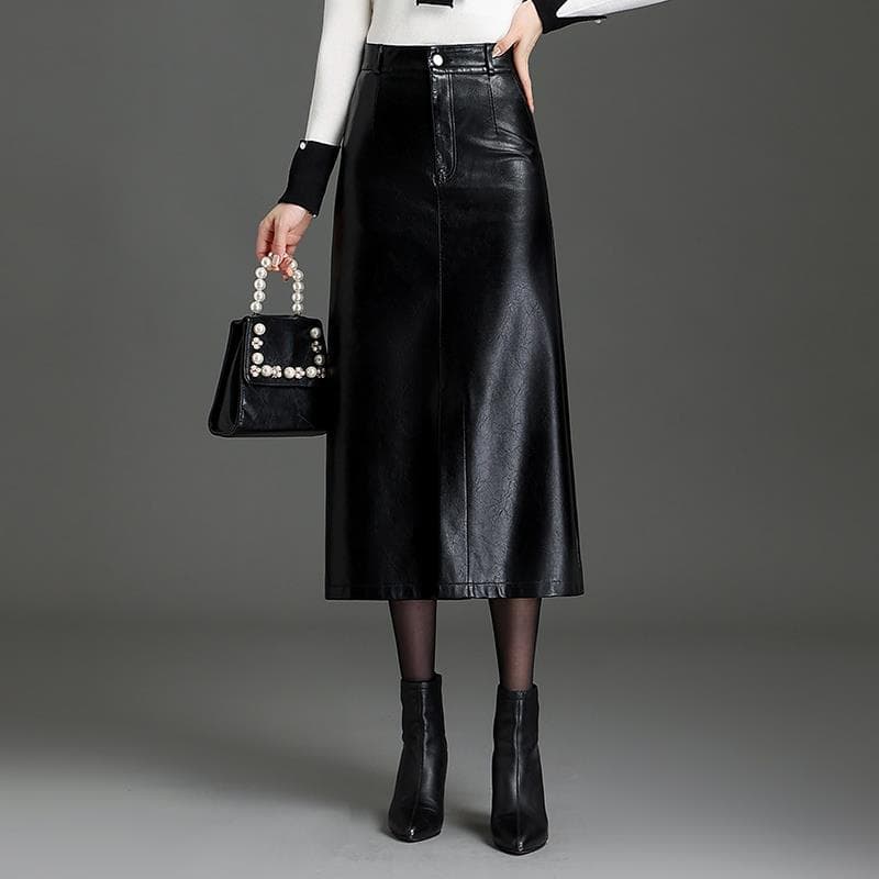黒 スカート フェイクレザー プリーツ ロングスカート