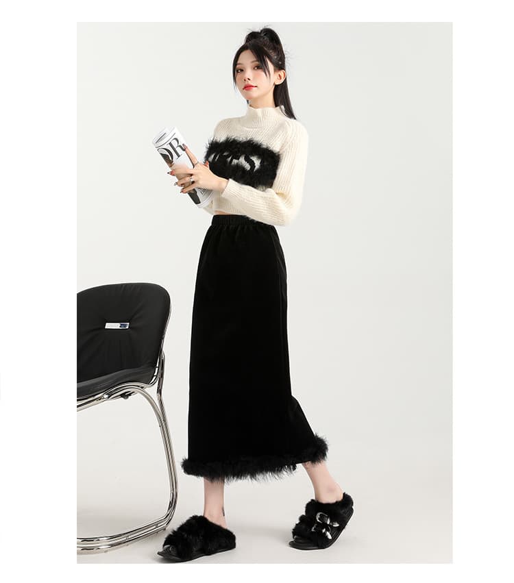 黒 スカート モコモコ ファー ベロア ロングスカート