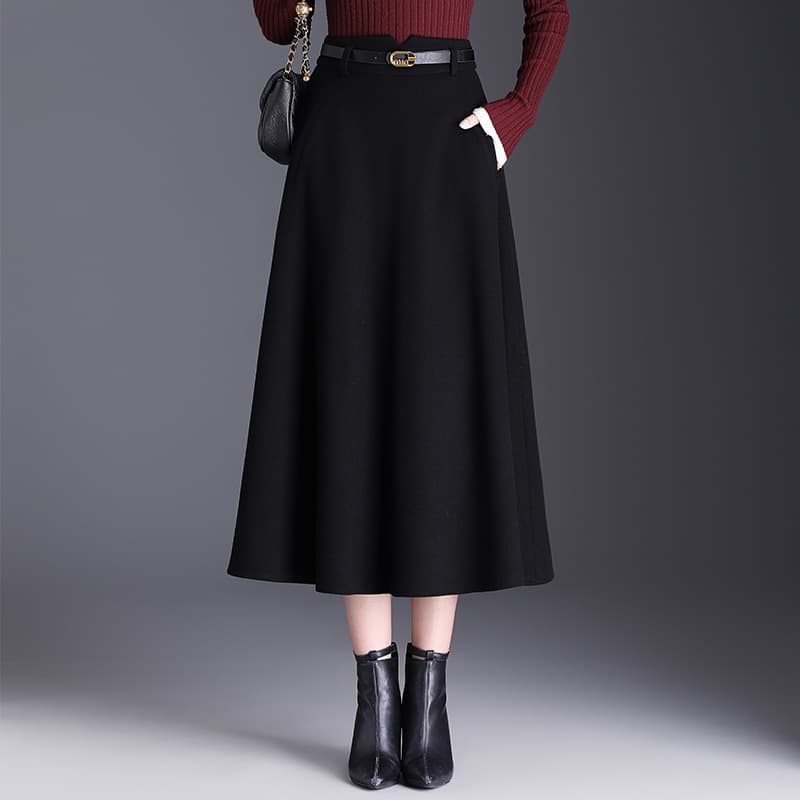 黒 スカート あたたか上品ミディフレアスカート