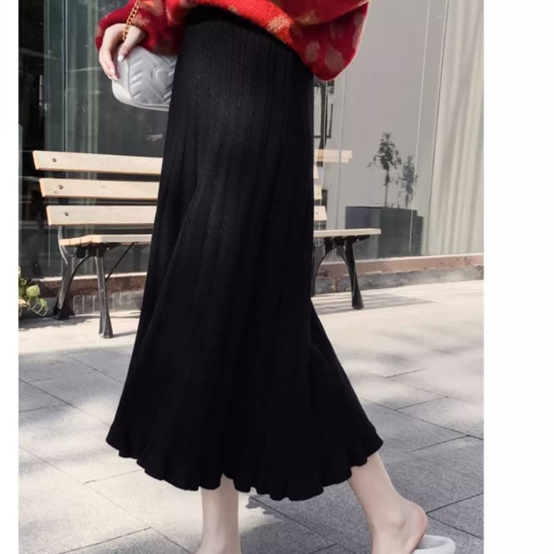 黒 スカート ゆったりプリーツ ロングスカート
