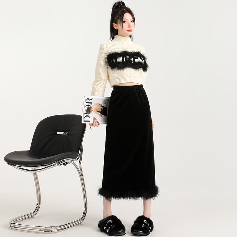 黒 スカート モコモコ ファー ベロア ロングスカート