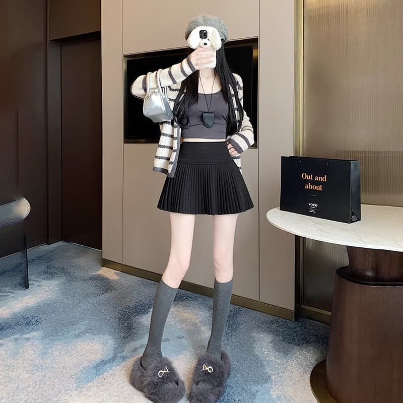 黒 スカート プリーツリブ ミニスカート